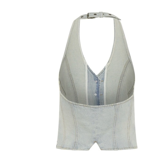 New Free People One Teaspoon Denim Halter Top Vest Jean Light Blue Medium - Picture 6 of 13